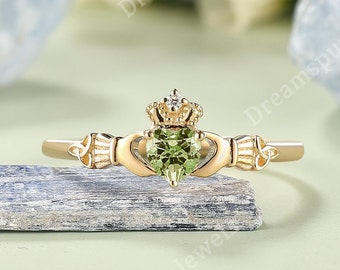 Unique Heart Shape Peridot Claddagh Ring Gold Claddagh ring Celtic Knot Ring Irish Crown Heart Peridot Ring Moissanite Ring Anniversary Gift