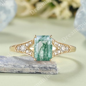Vintage Emerald Cut Moss Agate Engagement Ring Solid Gold Moissanite Cluster Ring Moss Agate Jewelry Wedding Ring Anniversary Gifts for Her