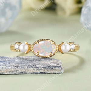 Unique Opal Engagement Ring Rose Gold Pearl Cluster Ring Vintage Rainbow Opal Ring Birthstone Ring Art Deco Ring Anniversary Gifts for Her