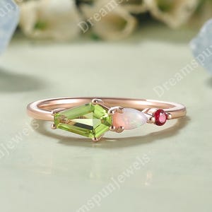 Dainty Coffin Peridot Stackable Ring Opal Wedding Ring Delicate Solid Gold Straight Band Cluster Promise Ring Anniversary Gift for Her