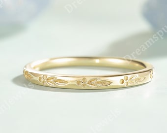 Natur inspiriert Blatt Ehering Massiver Goldring Gravur Ehering Passender Ring Täglicher Ring Jahrestag Ring Geschenk für Sie
