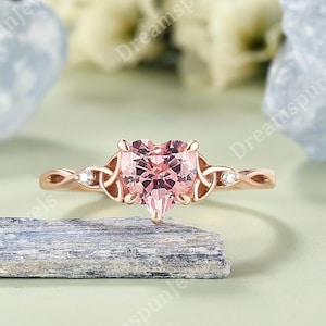 Unique Heart Shape Pink Sapphire Celtic Ring Rose Gold Heart Peach Sapphire Engagement Ring Moissanite Cluster Ring Promise Rings for Women