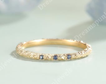 Solid Gold Hammered Cornflower Sapphire Ring – Dainty Stackable Anniversary Band