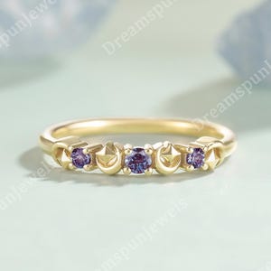Art Deco Alexandrite Wedding Band Birthstone Ring Handmade Ring Nature Inspired Ring Moon Ring Stackable Ring Anniversary Ring Gift for Her