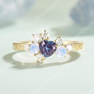 Art Deco Alexandrite Engagement Ring Moonstone Cluster Birthstone Ring Unique Solid Gold Infinity Promise Ring Anniversary Gift for Her