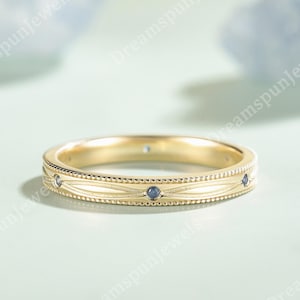 Vintage Sapphire Wedding Band Solid Gold Straight Wedding Band Engraved Ring Birthstone Ring Dainty Ring Anniversary Ring Gift for Her