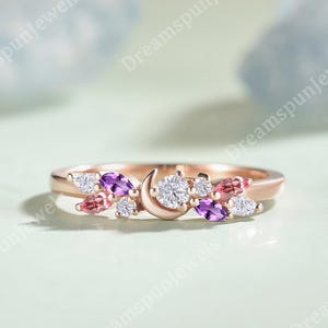 Anillo de bodas Art Deco de moissanita, anillo de bodas de amatista, anillo de luna para mujer, anillo de zafiro rosa, anillo de plata esterlina, regalo de aniversario para ella