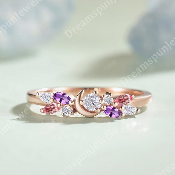 Art Deco Moissanite Moon Wedding Band, Amethyst Pink Sapphire, Solid Gold Handmade Bridal Ring