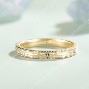 Vintage Green Sapphire Wedding Band Solid Gold Straight Wedding Band Engraved Ring Birthstone Ring Dainty Ring Anniversary Ring Gift for Her