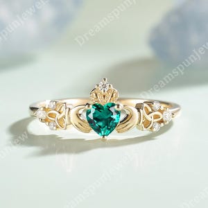 Emerald Heart Claddagh Ring, Celtic Knot Gold Band, Moissanite Accent, Handmade Jewelry Women