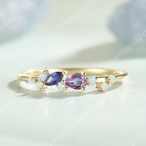 Solid Gold Alexandrite Opal Cluster Ring for Women, Pear Marquise Sapphire Band