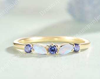 Minimalistisk blå safir vigselring opal vigselring guldringar födelsestensring stapelbar ring löfte ring jubileumsring present till henne