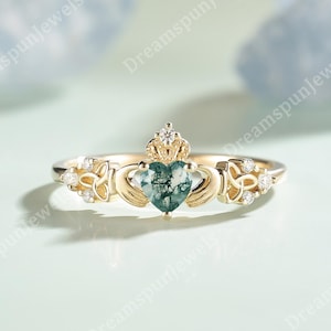 Handmade Moss Agate Claddagh Ring, Dainty Solid Gold Celtic Knot Gemstone Ring