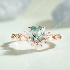 Unique Heart Moss Agate Engagement Ring Nature Inspired Moissanite Cluster Ring Solid Gold Ring for Women Anniversary Ring Gift for Her