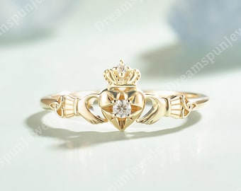 Art Deco Moissanite Claddagh Ring Solid Gold Heart Ring Dainty Hand Ring Crown Ring for Women Celtic Jewelry Anniversary Gift for Her