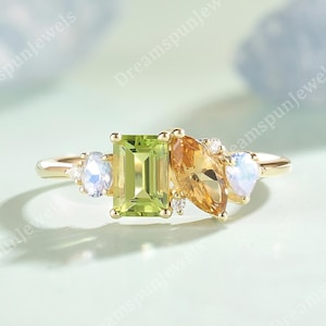 Einzigartige Toi et Moi Ring Peridot Verlobungsring Citrin Ring Geburtsstein Ring für Frauen Massivgold Mondstein Ring Jahrestag Geschenk für Sie
