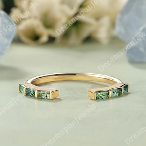 Unique Baguette Cut Moss Agate Wedding Ring Yellow Gold Bezel Ring Open Wedding Band for Women Stackable Ring Anniversary Ring Gift for Her