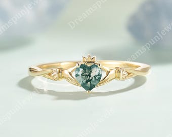 Moss Agate Claddagh Ring, Heart Engagement Ring, Solid Gold Promise Ring for Women