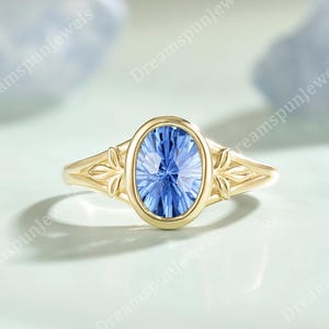 1.5CT Fantasy Cornflower Blue Sapphire Engagement Ring, Nature Inspired Leaf Band, Gold Bezel Setting