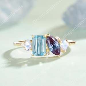 Art Deco Toi et Moi Ring Alexandrite Engagement Ring Topaz Ring Birthstone Ring Solid Gold Moonstone Ring Anniversary Ring Gift for Her