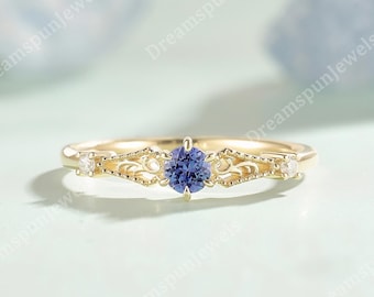 Vintage Cornflower Sapphire Engagement Ring, Dainty Filigree Milgrain Solid Gold Wedding Band