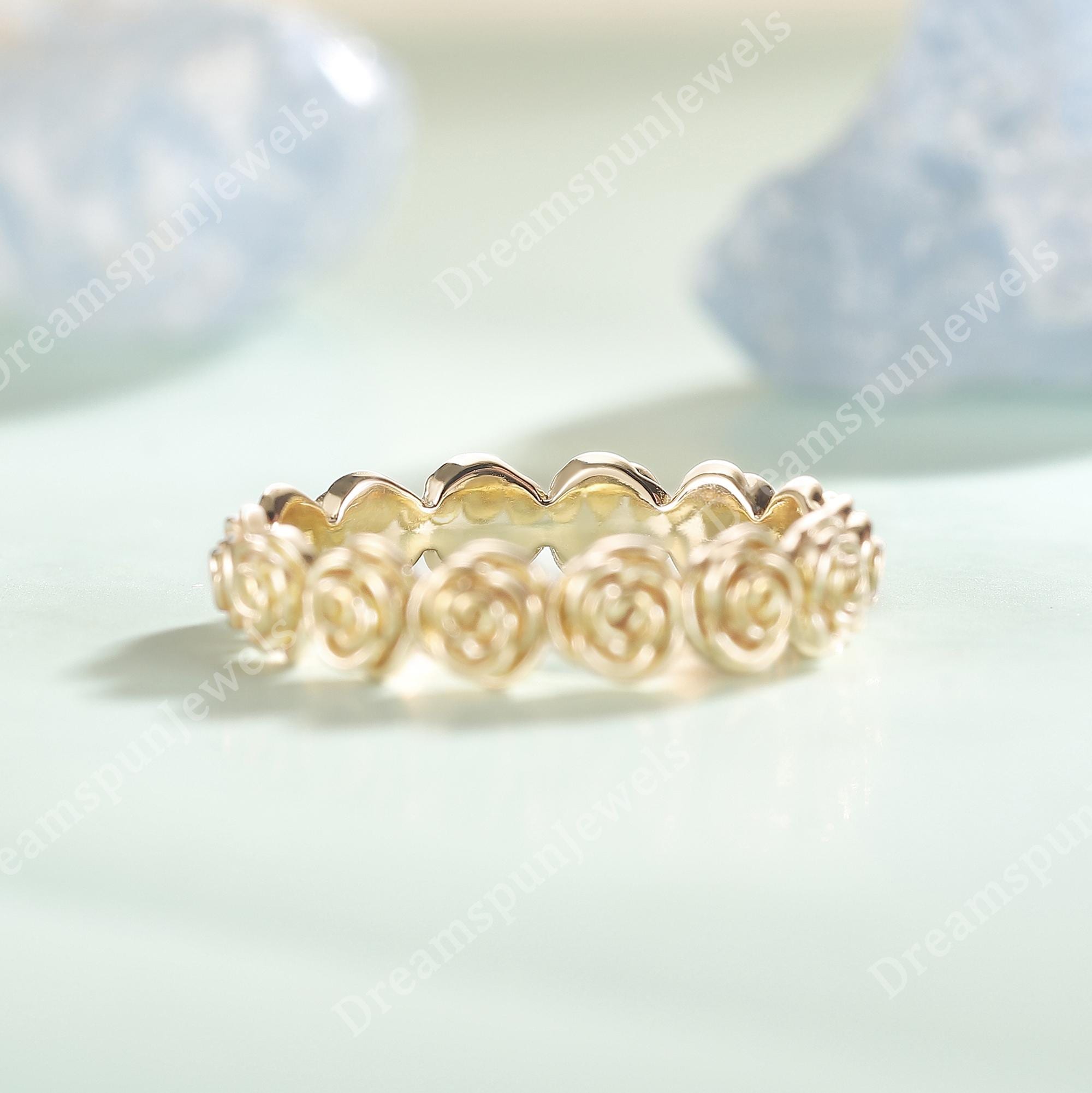 Nature Inspired Rose Wedding Band Solid Gold Wedding Ring Floral