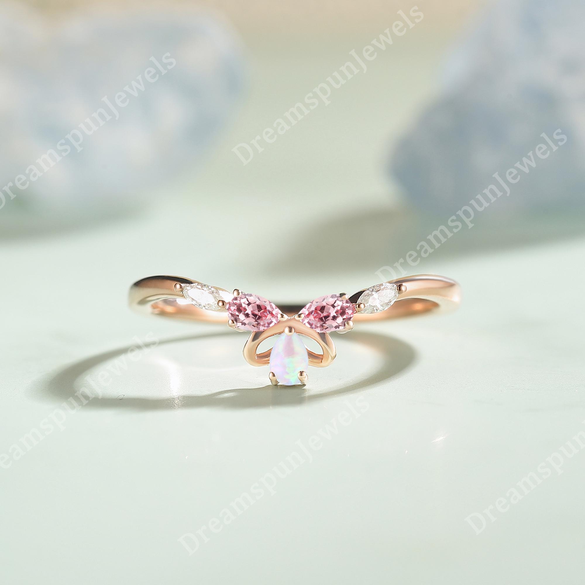 Art Deco Opal Wedding Band Solid Gold Wedding Ring for Women Pink Sapphire Ring Sterling Silver Ring Matching Ring Anniversary Gift for Her
