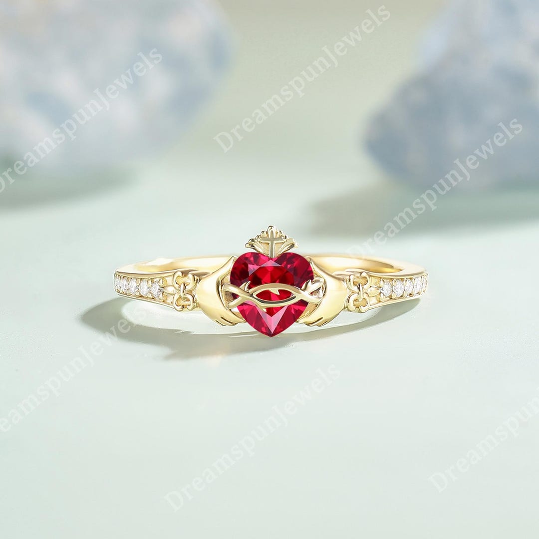 Vintage Ruby Claddagh Ring Sacred Heart Ring Cross Engagement Ring ...