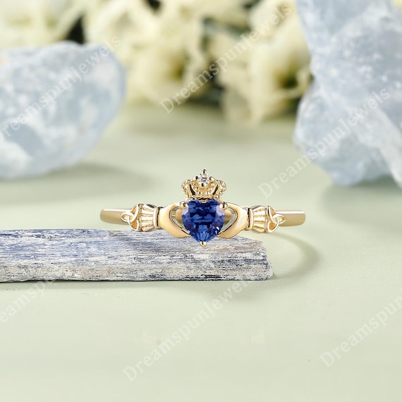 Unique Heart Shape Royal Blue Sapphire Claddagh Ring Gold Hand
