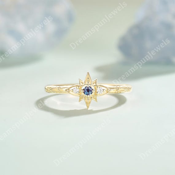 Art Deco Alexandrite Stackable Ring Unique Wedding Band Gold Ring Star Ring Dainty Ring for Women Promise Ring Anniversary Ring Gift for Her