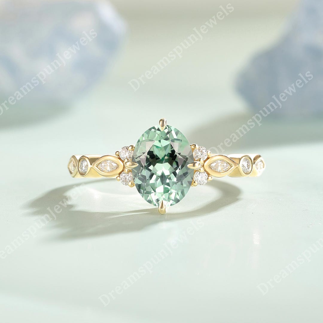 Art Deco 1.2ct Green Sapphire Engagement Ring Dainty Bazel Wedding Ring ...