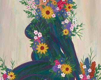 Divine Feminine -Archival Art Print, Original Painting, Various Sizes. Blue, Green, Purple, Pink, Yellow, Beige. Flowers, Female Figure.