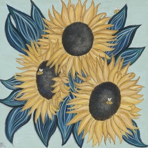 May include: Three yellow sunflowers with dark centres are arranged in a bouquet with blue-green leaves. Two small bees are perched on the sunflowers.