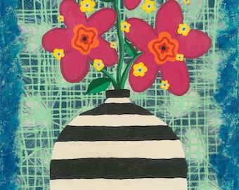 Black & White Vase - Archival Art Print, Original Painting, Various Sizes. Flowers. Black, White, Pink, Orange, Mint Green, Teal.