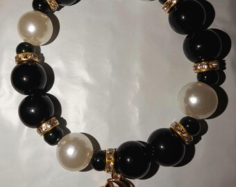 Chunky Black and Pearl Bead Stretch Bracelet with Crescent Moon Charm