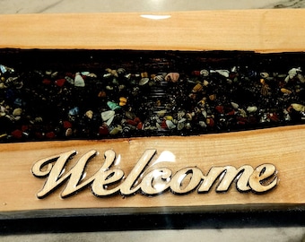 Wall decor "Welcome" with "live-edge" natural wood and epoxy river scene
