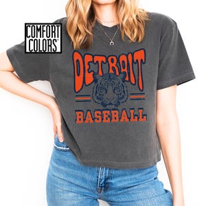 Puede incluir: Una camiseta gris antracita recortada con un gr&aacute;fico vintage de un tigre y el texto "DETROIT BASEBALL" en naranja y azul.
