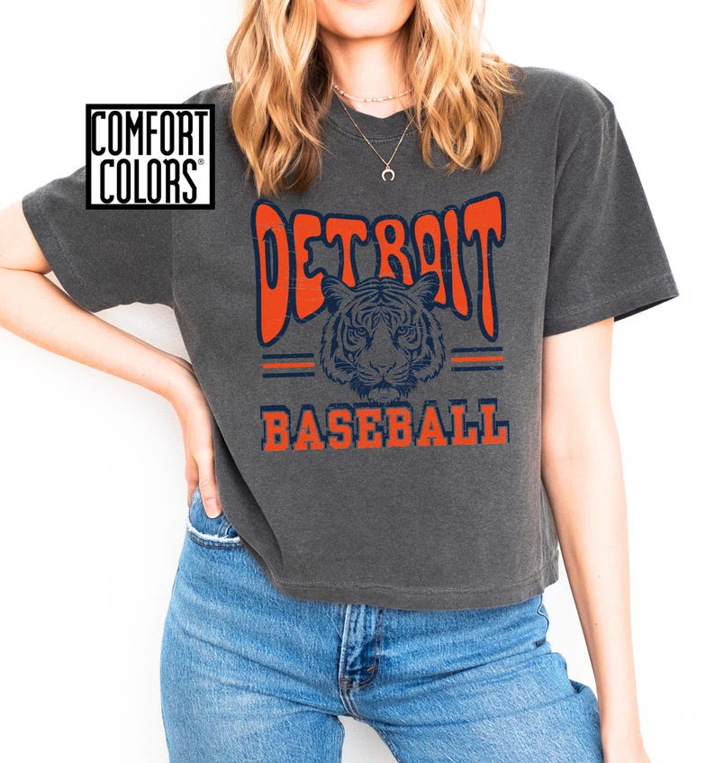 Puede incluir: Una camiseta gris antracita recortada con un gr&aacute;fico vintage de un tigre y el texto "DETROIT BASEBALL" en naranja y azul.