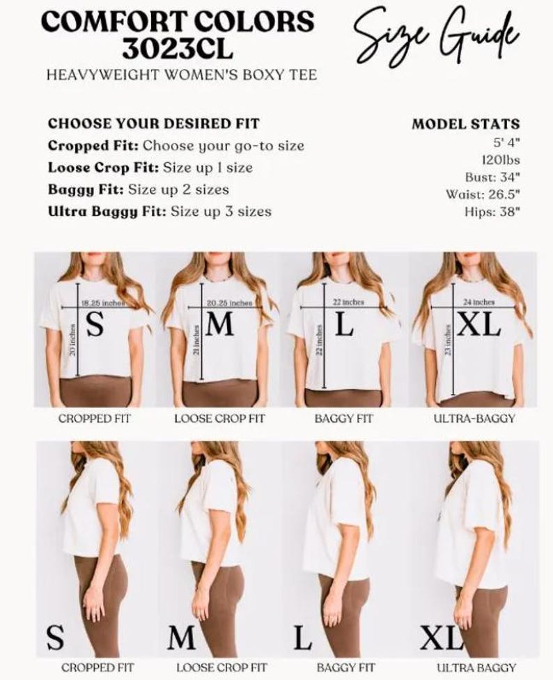 Puede incluir: Gu&iacute;a de tallas para una camiseta boxy para mujer. La gu&iacute;a muestra los diferentes ajustes de la camiseta, desde la recortada hasta la ultra holgada, con medidas en pulgadas. La modelo mide 1,63 m y pesa 54 kg.