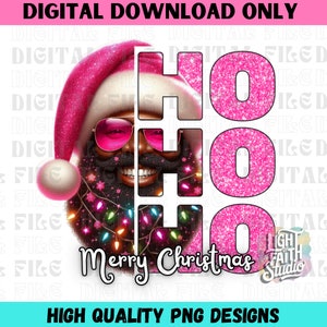 Retro Festive Black Santa Clause PNG Design | Pink Glitter Ho Ho Ho Merry Christmas Art | Clipart for DIY Projects | T Shirts