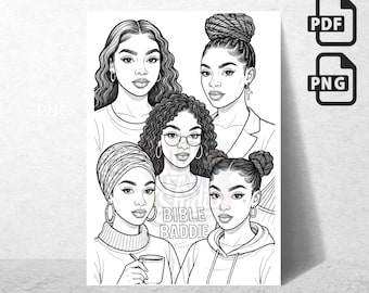 Bible Baddie Squad Coloring Page: Christian Women Digital Art (PNG Download 8.5x11in)