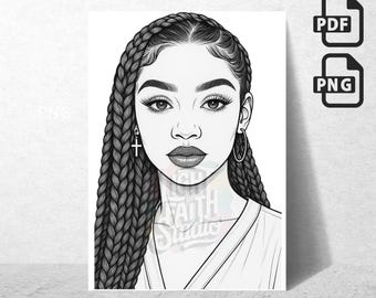 Afrocentric Black Girl Coloring Page: Braided Queen Art (Digital Download, 8.5x11 PNG File)