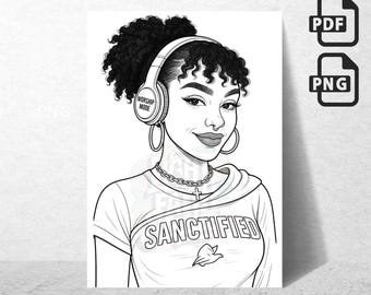 Sanctified Afro Woman Coloring Page: Christian Art (Digital Download, 8.5x11 PNG File)
