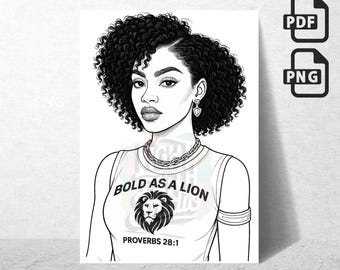 Black Woman Coloring Page | Bold As a Lion | Proverbs 28:1 | Afro Woman Printable Art | Faith-Based Coloring for Women and Teens | Digital