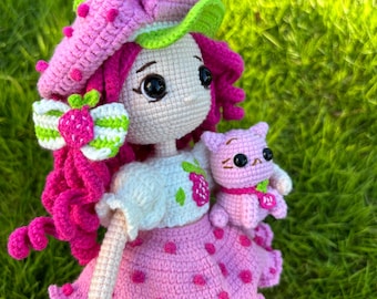Muñeca de Fresa de Crochet Hecha a Mano, Peluche Amigurumi, Regalo para Ella