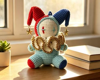 Handmade Crochet Jester Doll – Freak Circus Inspired, Soft Cotton Yarn Keychain