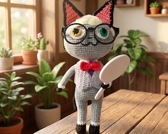 Peluche amigurumi de Raymond, gato engreído con espejo, regalo para fans de ACNH, hecho a pedido.