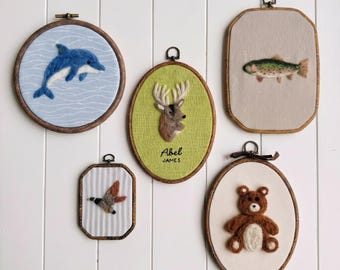 Needle Felted Woodland Animals Hoop Art – Deer, Bear, Fish Nursery Decor