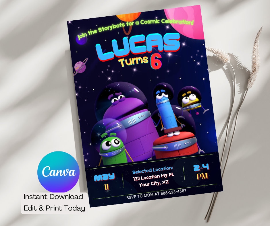 Storybots Space Birthday Invitation, Editable Canva Template (5x7 ...