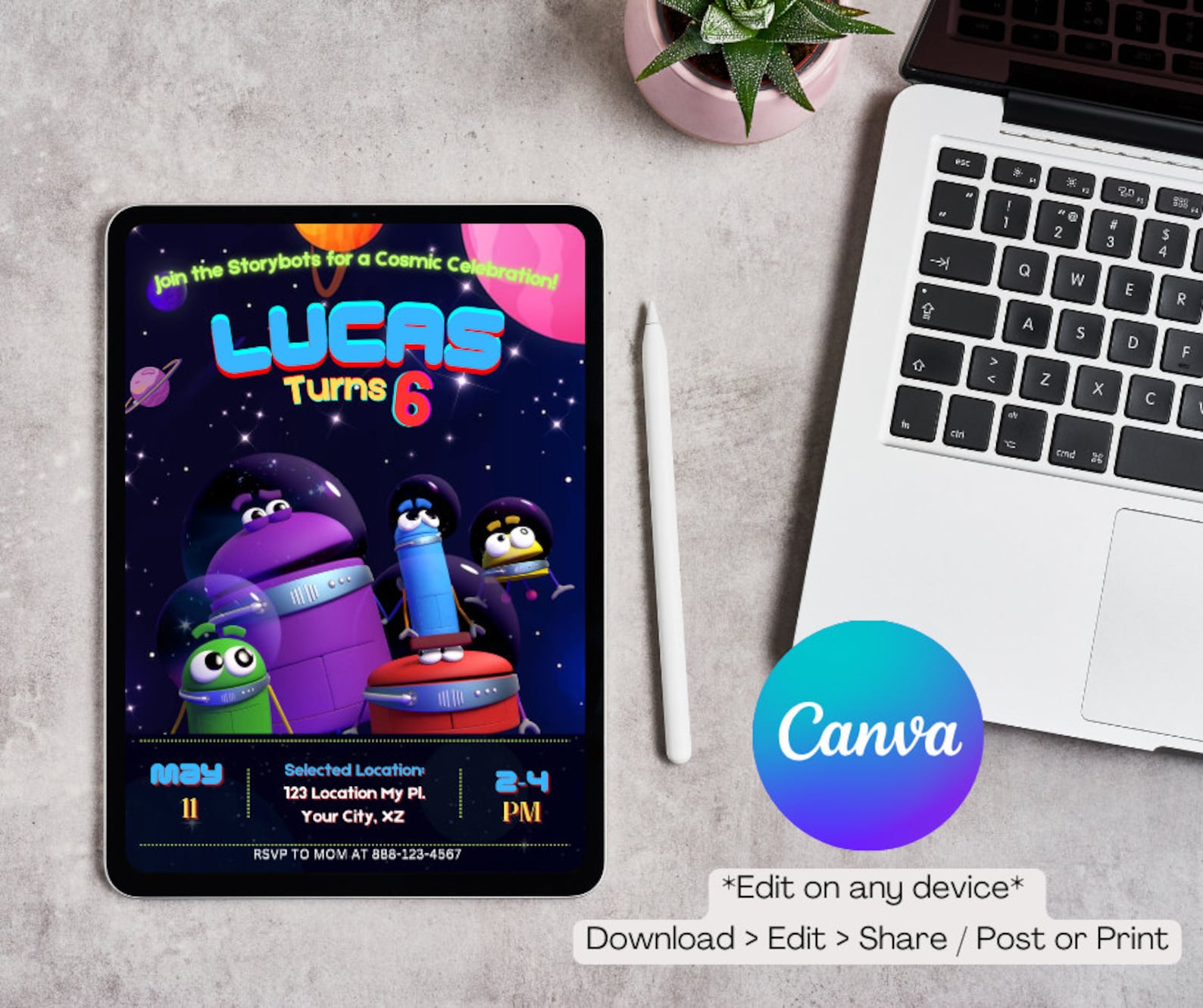 Storybots Space Birthday Invitation, Editable Canva Template (5x7 ...